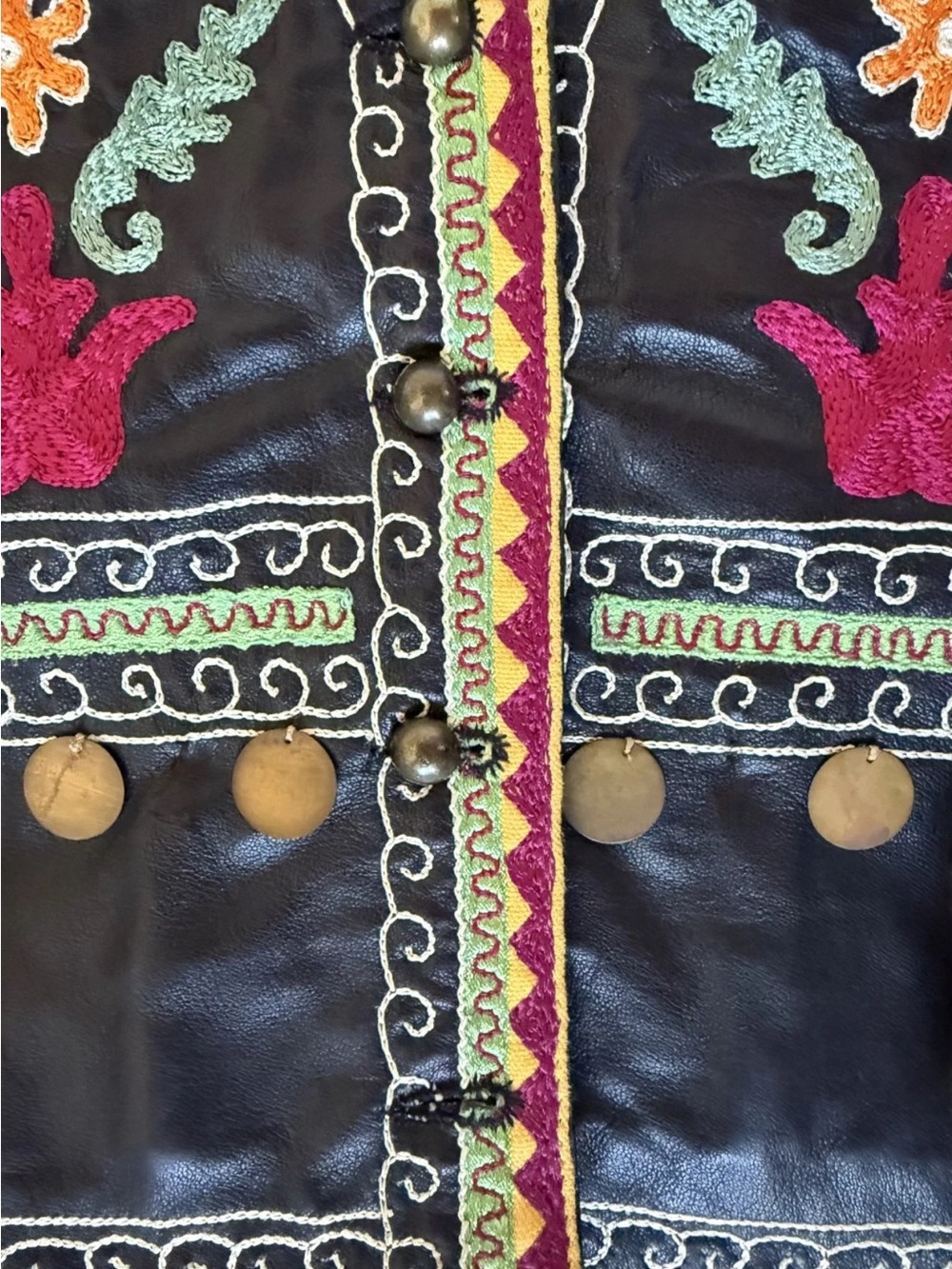 Double D Ranch Black Leather Vest embroidered flowers birds play nice be free - Picture 8 of 10
